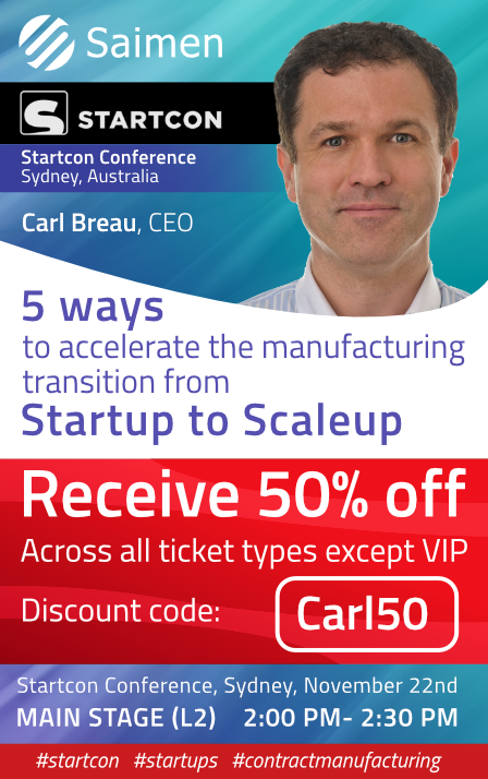 Image promotionnelle pour la session de Carl Breau sur la mise à l'échelle des startups à Startcon, avec une offre spéciale de 50% de réduction en utilisant le code 'Carl50'.