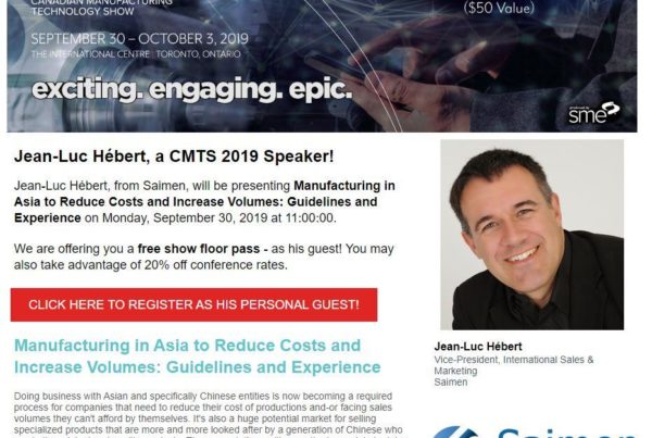 Promotional material for CMTS 2019 featuring speaker Jean-Luc Hébert from Saimen, discussing manufacturing in Asia.