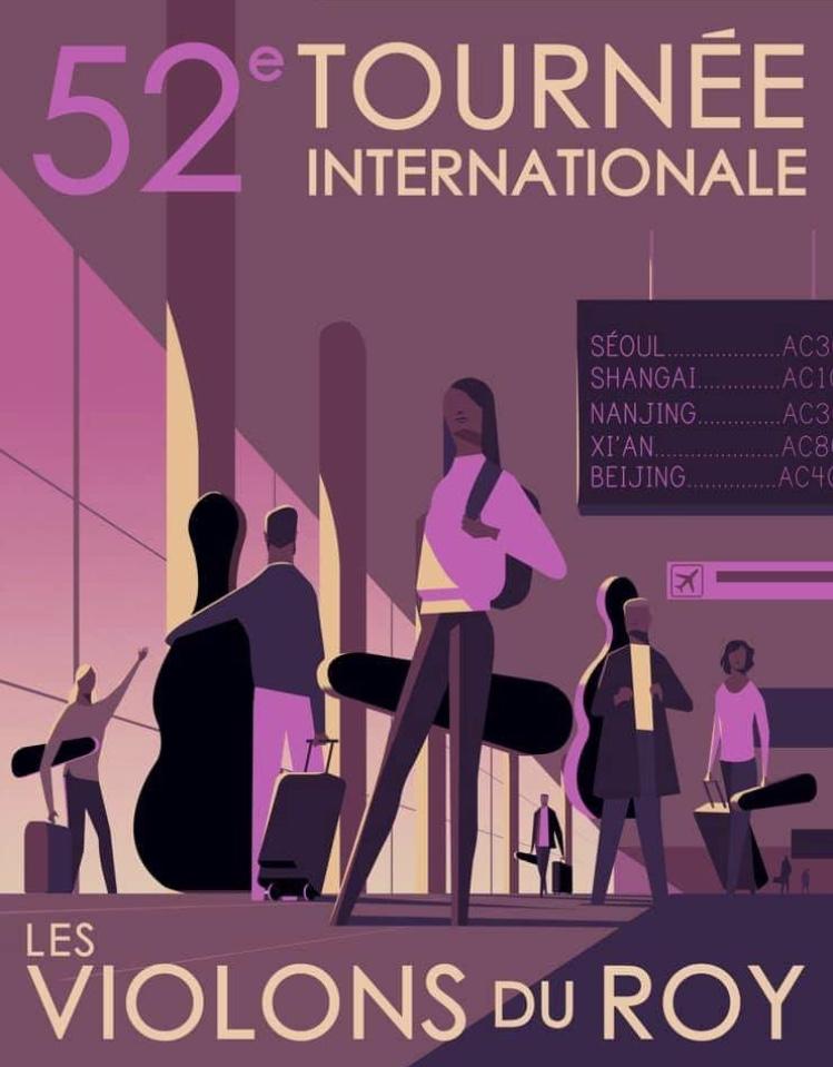 Affiche de la 52e tournée internationale des Violons du Roy, avec des silhouettes de musiciens et un tableau de départ avec des noms de villes asiatiques.