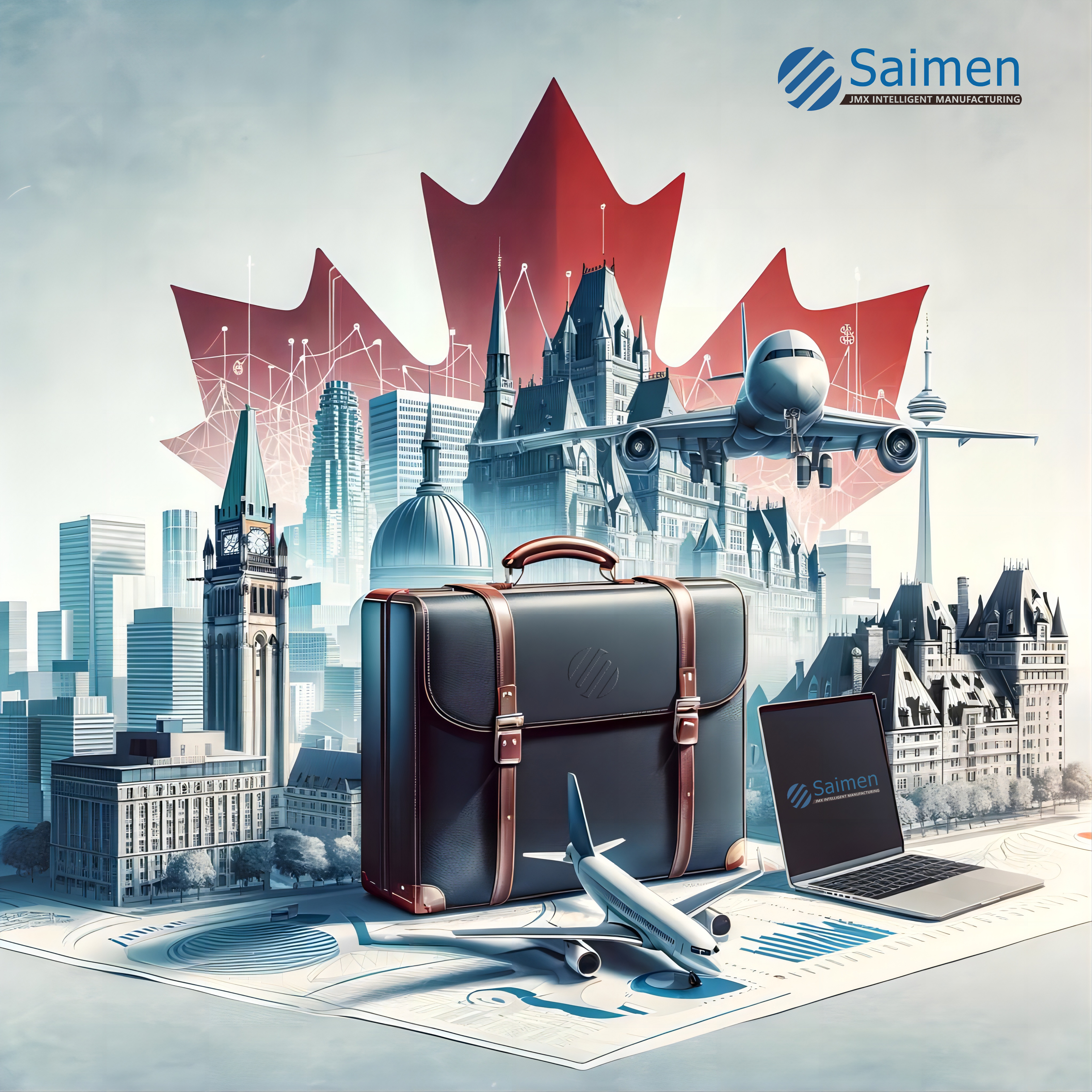 Illustration numérique de l'expansion commerciale mondiale de Saimen, avec des points de repère canadiens emblématiques, un avion et une mallette, symbolisant les voyages et le commerce internationaux.