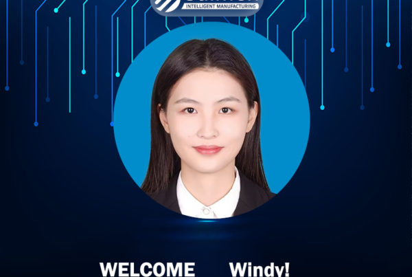 Welcome graphic for Windy, the new purchasing agent at Saimen, featuring a professional headshot with a digital circuit background