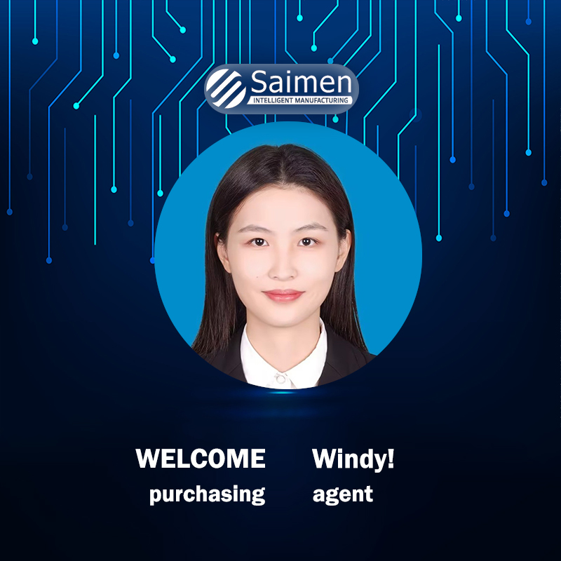 Gráfico de bienvenida para Windy, la nueva agente de compras de Saimen, con un retrato profesional sobre un fondo de circuito digital.