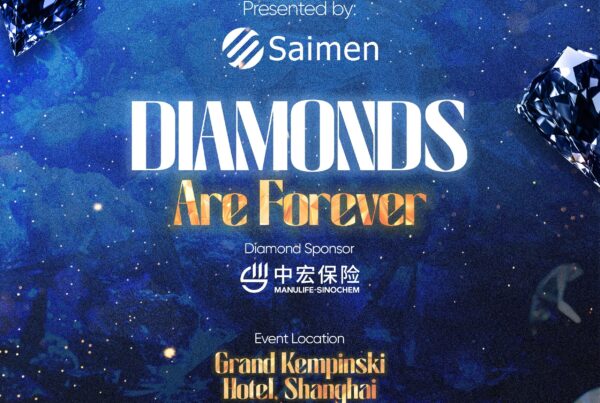 Elegant promotional poster for the 17th Annual Maple Leaf Ball at the Grand Kempinski Hotel, Shanghai, showcasing Saimen's diamond sponsorship and the theme 'Diamonds Are Forever'.