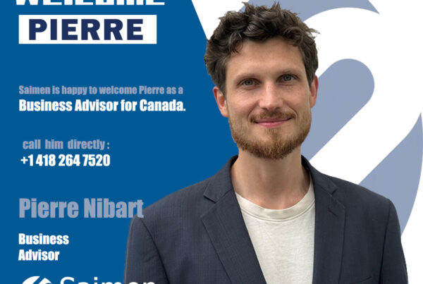 Promotional image introducing Pierre Nibart as Saimen's new Business Advisor for Canada, with contact information.