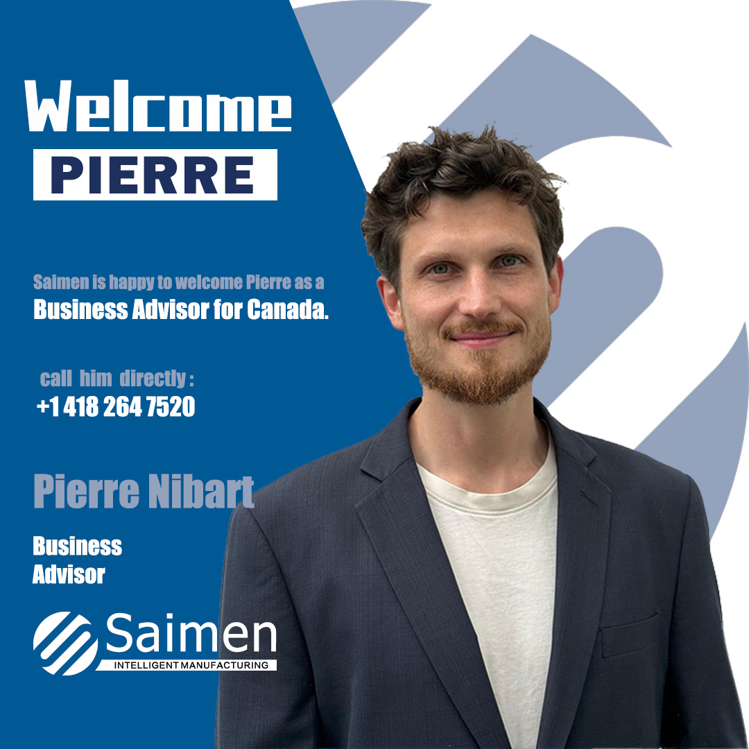 Werbegrafik zur Vorstellung von Pierre Nibart als Saimen's neuer Business Advisor für Kanada, mit Kontaktinformationen.